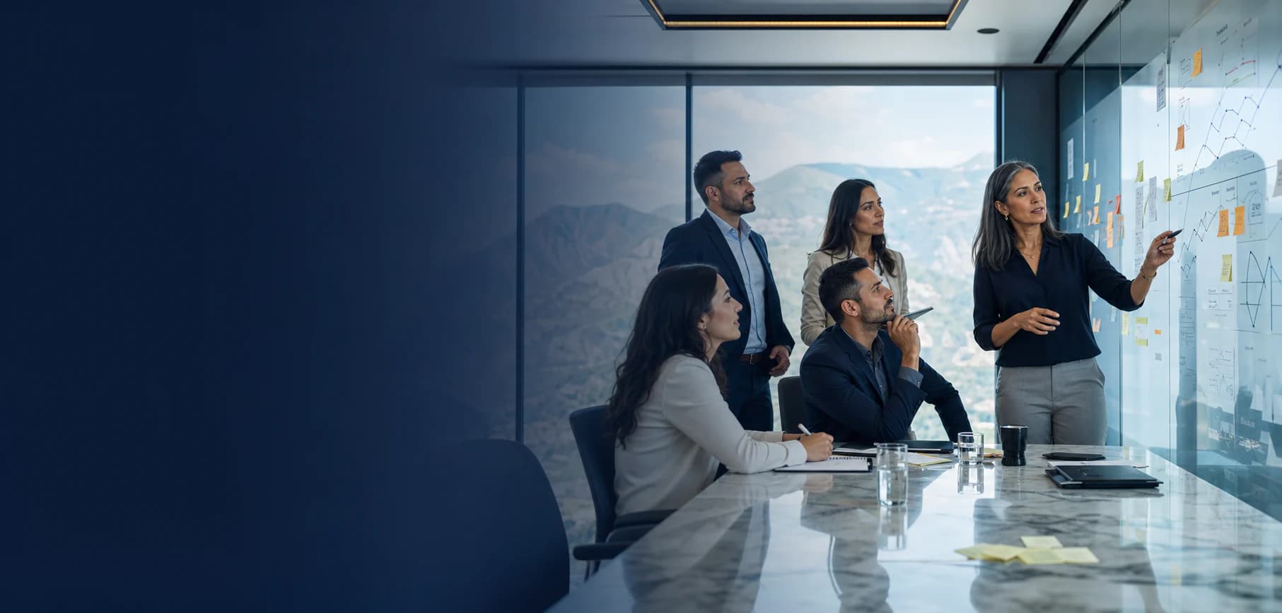 Equipo ejecutivo analizando oportunidades y diseñando una estrategia